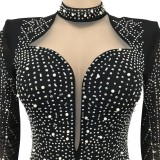 Fall Sexy Black Rhinestone High Neck Cut Out Long Sleeve Mini Dress