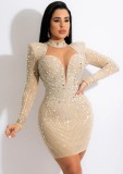 Fall Sexy Kahaki Rhinestone High Neck Cut Out Long Sleeve Mini Dress