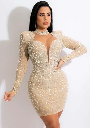 Fall Sexy Kahaki Rhinestone High Neck Cut Out Long Sleeve Mini Dress