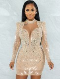 Fall Sexy Kahaki Rhinestone High Neck Cut Out Long Sleeve Mini Dress