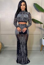 Fall Sexy Black Rhinestone High Neck Long Sleeve Crop Top And Long Dress Two Piece Set