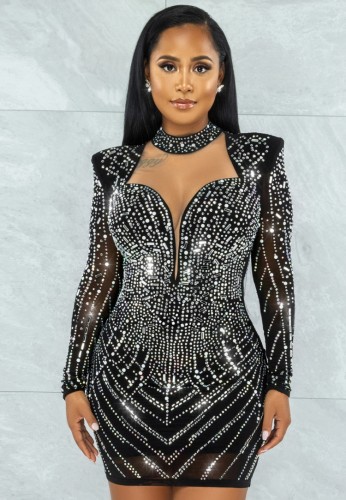 Fall Sexy Black Rhinestone High Neck Cut Out Long Sleeve Mini Dress