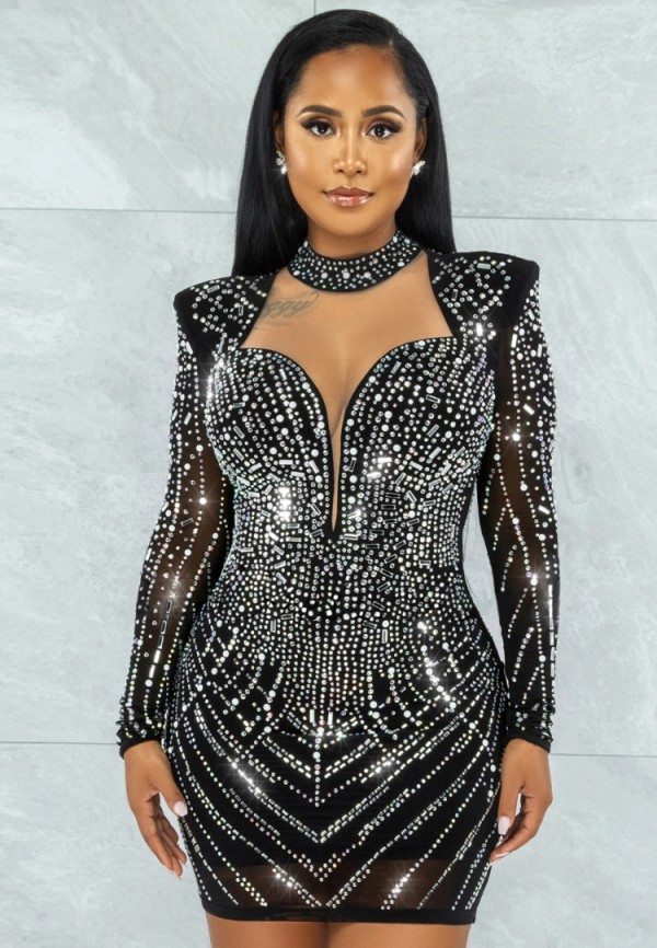 Fall Sexy Black Rhinestone High Neck Cut Out Long Sleeve Mini Dress