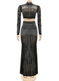 Fall Sexy Black Rhinestone High Neck Long Sleeve Crop Top And Long Dress Two Piece Set