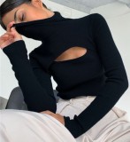 Winter Black Turtleneck Cut Out Knit Basic Top