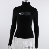 Winter Black Turtleneck Cut Out Knit Basic Top