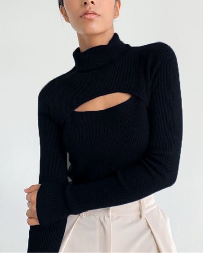 Winter Black Turtleneck Cut Out Knit Basic Top