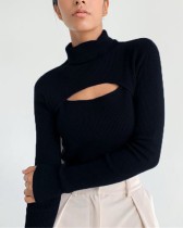 Winter Black Turtleneck Cut Out Knit Basic Top Winter Black Turtleneck Cut Out Knit Basic Top