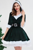 Green Santa Women V-Neck Hooded Dress Christmas Costume with Belt
