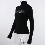 Winter Black Turtleneck Cut Out Knit Basic Top