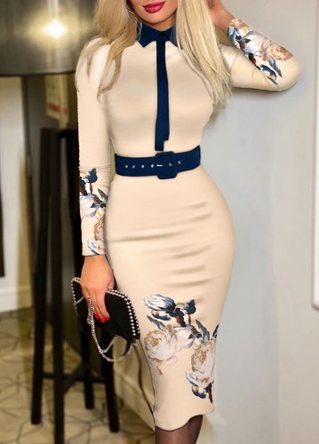 Autumn Beige Print Professional Midi Office Dress
