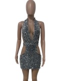 Autumn Silver Sequin Deep-V Backless Sexy Halter Mini Club Dress