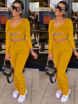 Fall Sexy Yellow Cut Out V Neck Long Sleeve And Pant Two Piece Set