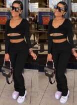 Fall Sexy Black Cut Out V Neck Long Sleeve And Pant Two Piece Set
