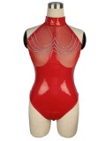 Sexy Red Leather With Mesh Teddy Lingerie