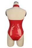 Sexy Red Leather With Mesh Teddy Lingerie