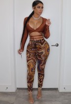 Fall Sexy Brown Wrap Tied Long Sleeve Crop Top And Printed Tight Pants Two Piece Set Fall Sexy Brown Wrap Tied Long Sleeve Crop Top And Printed Tight Pants Two Piece Set