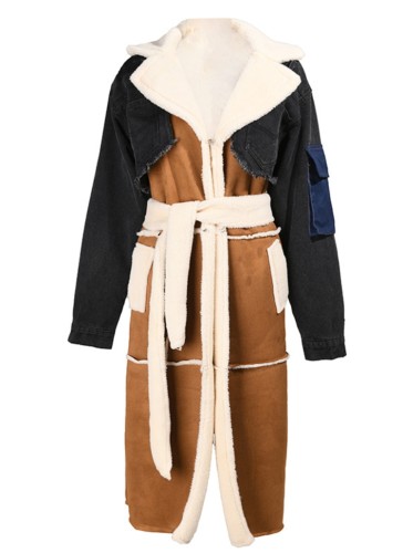 Winter Black Denim Patch Fleece Full Sleeves Thick Long Coat