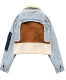 Winter Casual Blue Turndown Collar Fleece Patch Denim Jacket