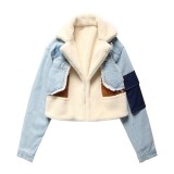 Winter Casual Blue Turndown Collar Fleece Patch Denim Jacket