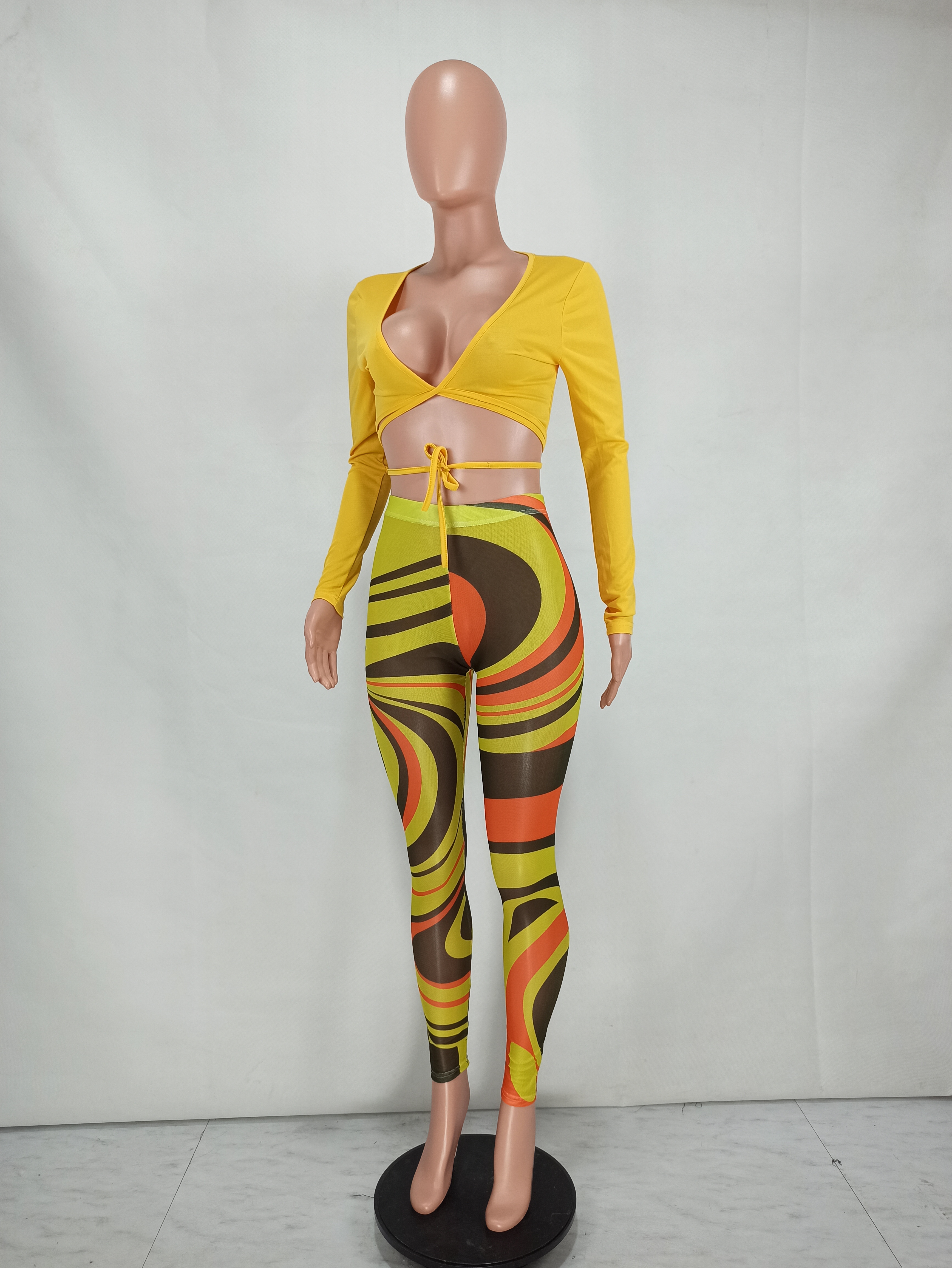 Fall Sexy Yellow Wrap Tied Long Sleeve Crop Top and Printed Tight Pants Set