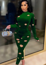Winter Green Velvet Hollow Out Sexy Tight Shirt and Pants Two Piece Set Winter Green Velvet Hollow Out Sexy Tight Shirt and Pants Two Piece Set