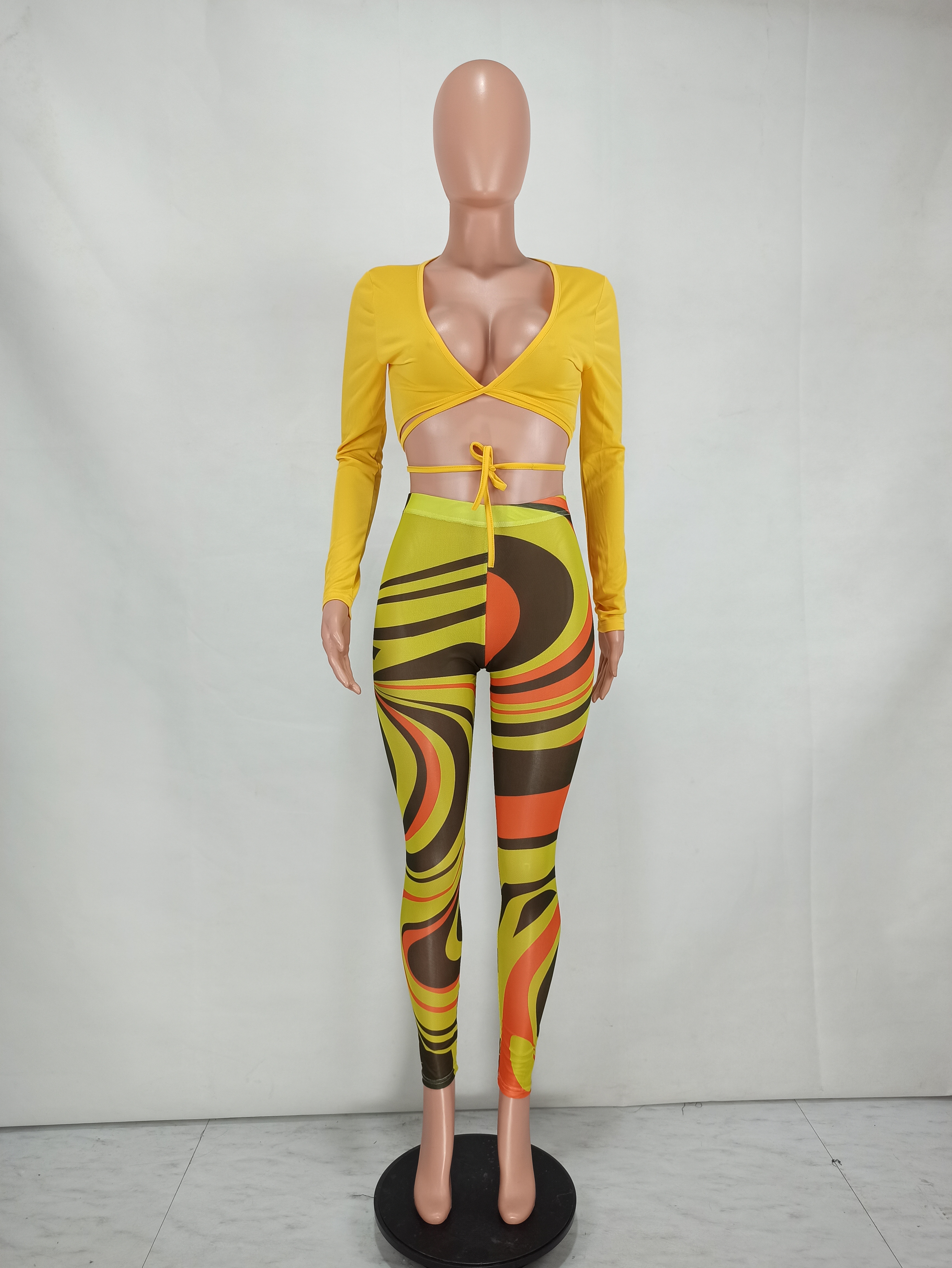 Fall Sexy Yellow Wrap Tied Long Sleeve Crop Top and Printed Tight Pants Set