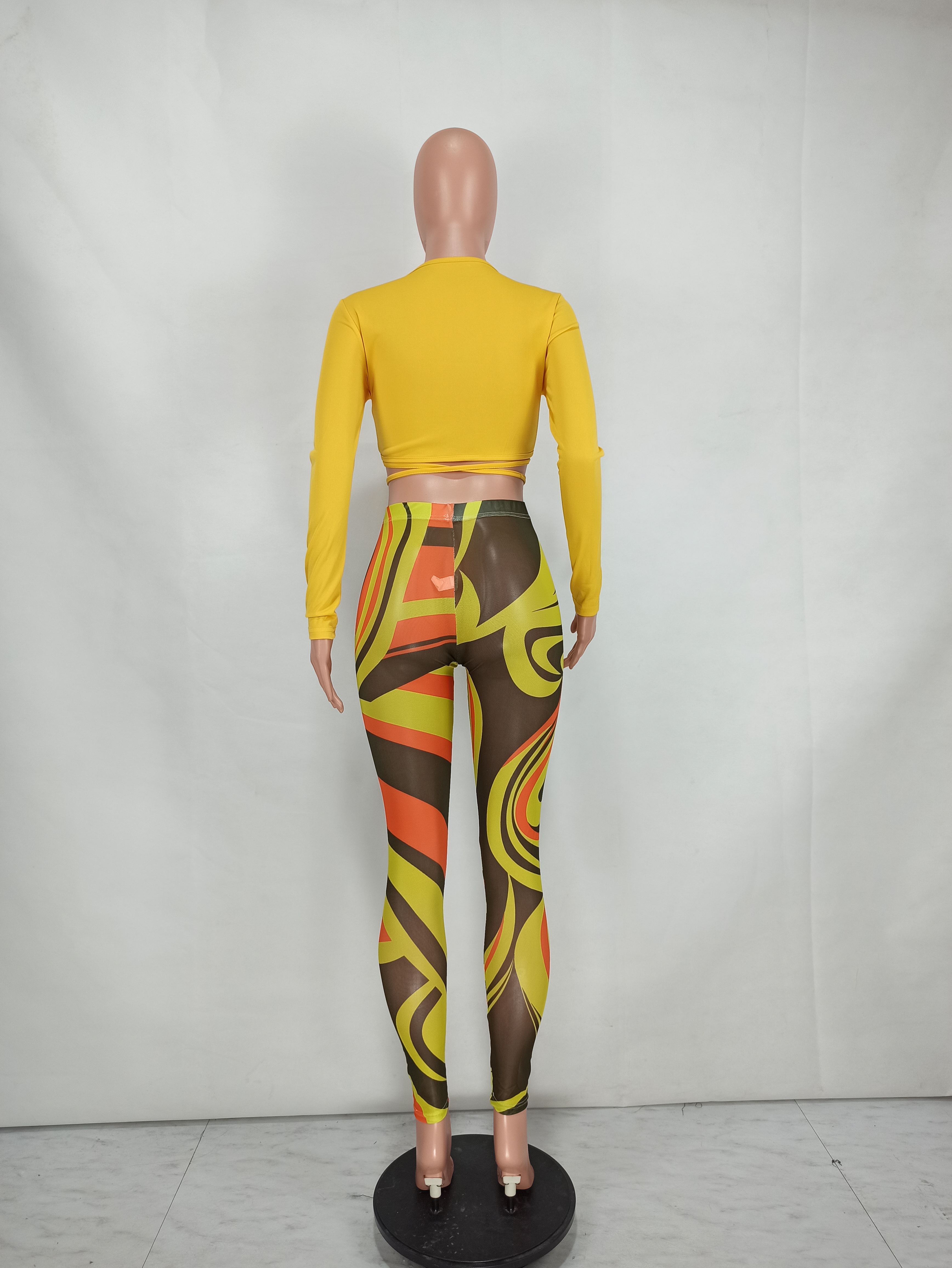 Fall Sexy Yellow Wrap Tied Long Sleeve Crop Top and Printed Tight Pants Set