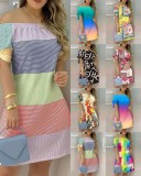Summer Multicolor Check Printed Off Shoulder Short Sleeve Casual Midi Dress