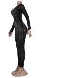 Winter Sexy Black rhinestone Beaded Patch Long Sleeve Jumpsuit