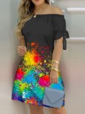 Summer Multicolor Printed Off Shoulder Short Sleeve Casual Midi Dress
