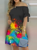 Summer Multicolor Printed Off Shoulder Short Sleeve Casual Midi Dress