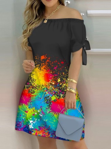 Summer Multicolor Printed Off Shoulder Short Sleeve Casual Midi Dress