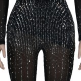Winter Sexy Black rhinestone Beaded Patch Long Sleeve Jumpsuit