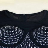 Winter Sexy Black rhinestone Beaded Patch Long Sleeve Jumpsuit