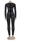 Winter Sexy Black rhinestone Beaded Patch Long Sleeve Jumpsuit