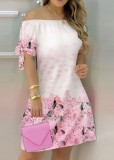 Summer Pink Floral Off Shoulder Short Sleeve Casual Midi Dress