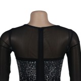 Winter Sexy Black rhinestone Beaded Patch Long Sleeve Jumpsuit