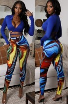 Fall Sexy Blue Turndown Collar Wrap Tied Long Sleeve Crop Top and Printed Tight Pants Set Fall Sexy Blue Turndown Collar Wrap Tied Long Sleeve Crop Top and Printed Tight Pants Set