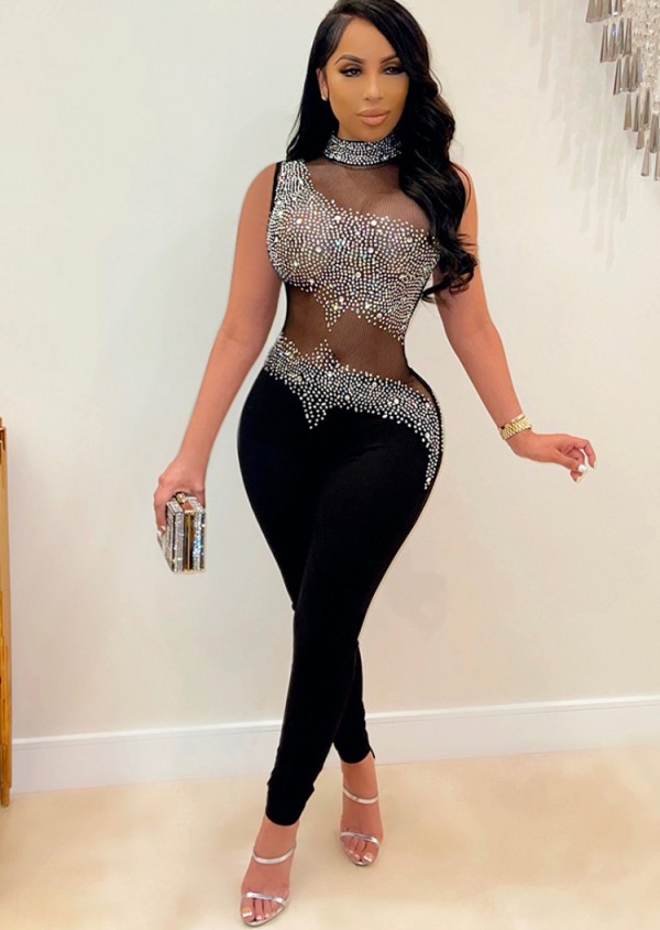Spring Sexy Black Mesh Patch Beaded Sleeveless Party Jumpsuit