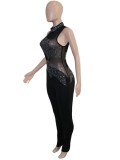 Spring Sexy Black Mesh Patch Beaded Sleeveless Party Jumpsuit