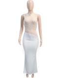 Winter Sexy White Beaded Mesh Patch Sleeveless Evening Dress