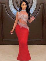 Winter Sexy Red Beaded Mesh Patch Sleeveless Evening Dress