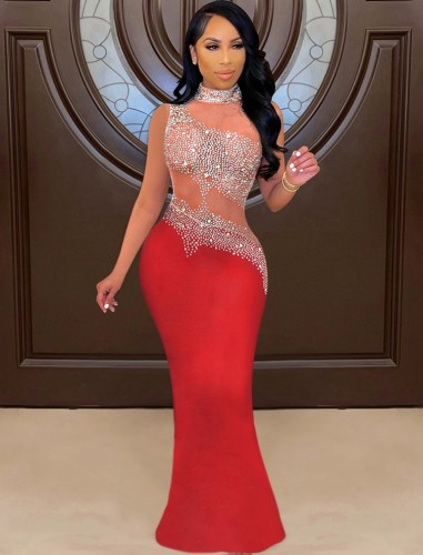 Winter Sexy Red Beaded Mesh Patch Sleeveless Evening Dress