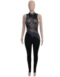 Spring Sexy Black Mesh Patch Beaded Sleeveless Party Jumpsuit