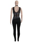 Spring Sexy Black Mesh Patch Beaded Sleeveless Party Jumpsuit