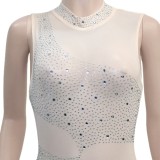 Winter Sexy White Beaded Mesh Patch Sleeveless Evening Dress