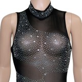 Spring Sexy Black Mesh Patch Beaded Sleeveless Party Jumpsuit