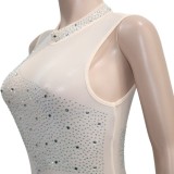 Winter Sexy White Beaded Mesh Patch Sleeveless Evening Dress