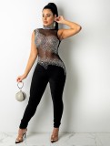 Spring Sexy Black Mesh Patch Beaded Sleeveless Party Jumpsuit